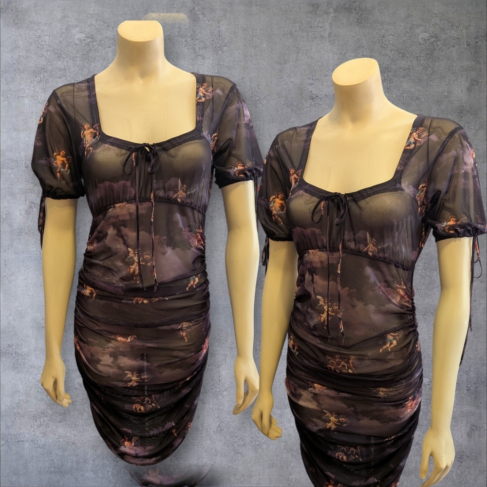 Whimsygoth Sheer Net Cherub Print Dress By MOTEL Ruched, Bodycon  Size LARGE